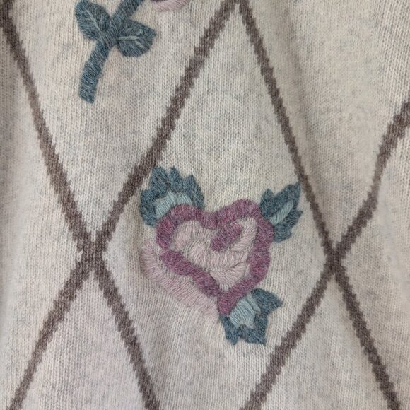 Wool Blend Embroidered Floral Cottagecore Sweater - Beige‎ Diamond Pattern - Picture 6 of 9